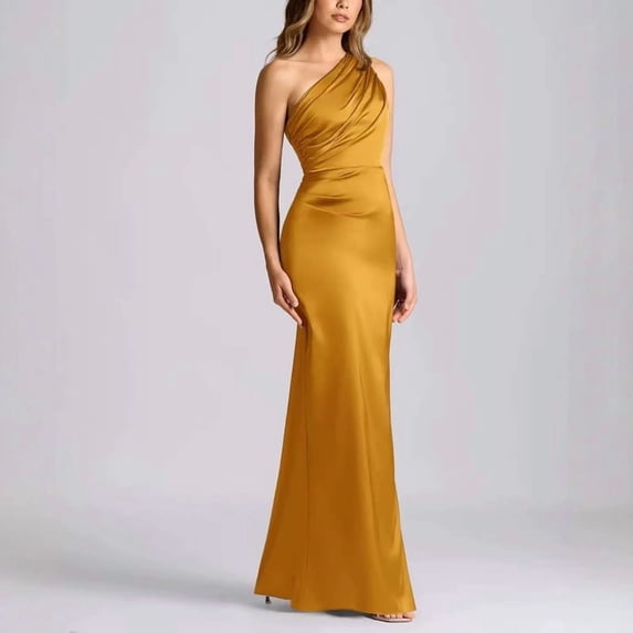 Morttic Women's Elegant Slanted Shoulder Satin Maxi Formal Dress – Ruched Slim Fit Perfect for Wedding Guest & Evening Party Gold,L