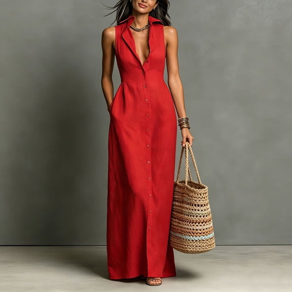 Morttic Women's Elegant Sleeveless Lapel Shirt Dress – Solid Color Front Button Slim Fit Long Dress with Side Pockets Red,S