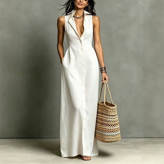 Morttic Women's Elegant Sleeveless Lapel Shirt Dress – Solid Color Front Button Slim Fit Long Dress with Side Pockets White,XL