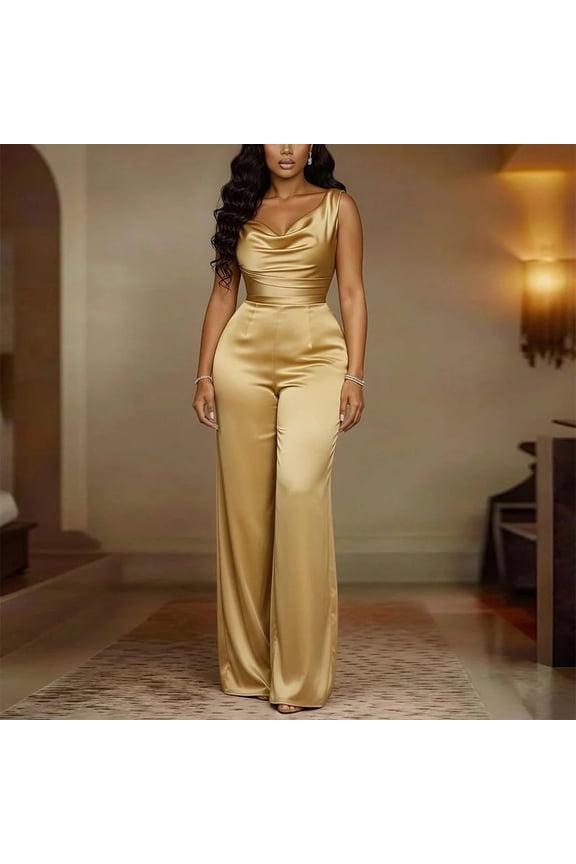 Women's Elegant Sleeveless Satin Cowl Neck Wide Leg Jumpsuit – Solid Color Slim Fit Formal Party Outfit Champagne，S