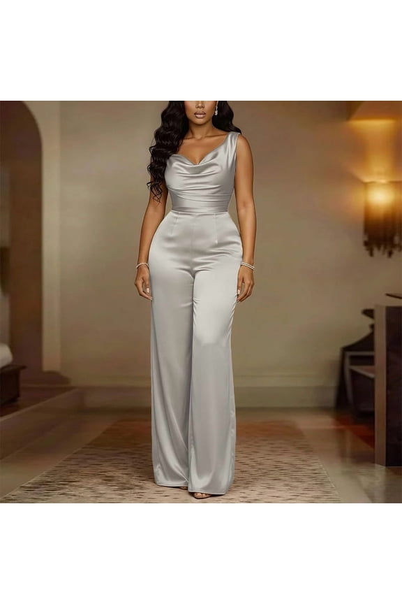 Women's Elegant Sleeveless Satin Cowl Neck Wide Leg Jumpsuit – Solid Color Slim Fit Formal Party Outfit Silver,XL