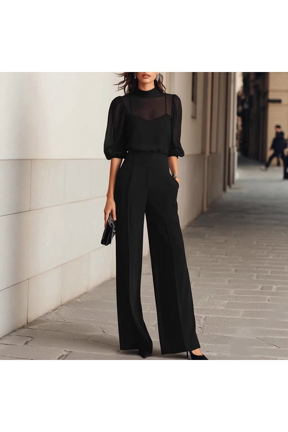 Women's Elegant Solid Color 3 Piece Formal Set – Sheer Puff Sleeve Top with Camisole Lining & High Waisted Pants Black,XXL