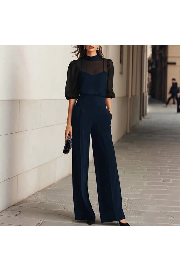 Women's Elegant Solid Color 3 Piece Formal Set – Sheer Puff Sleeve Top with Camisole Lining & High Waisted Pants Navy Blue,M