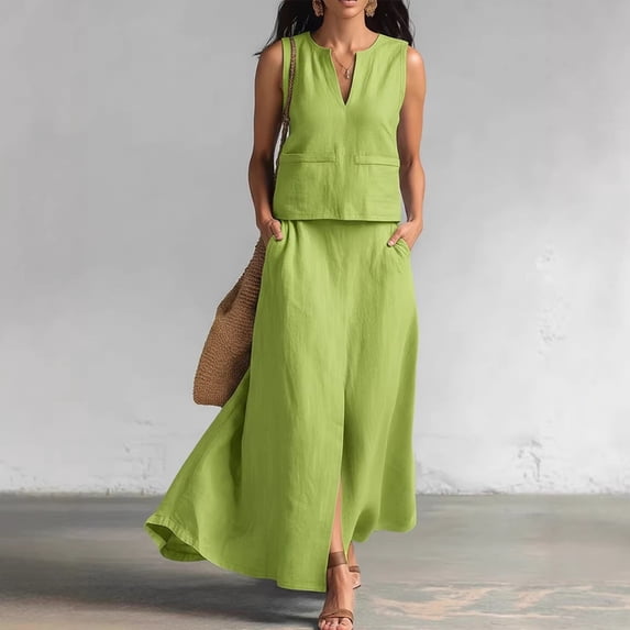 Morttic Women's Elegant Solid Color Casual Vacation Set – V-Neck Sleeveless Crop Top & High-Waist Side Pocket Slit Long Skirt Green,M