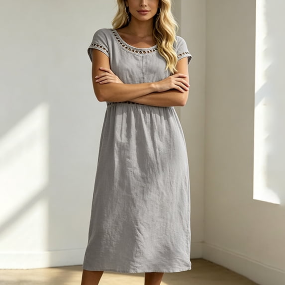 Morttic Women's Elegant Solid Color Crew Neck Short Sleeve Midi Dress – Hollow Out Detail Bohemian Beach A-Line Summer Dress Gray,S
