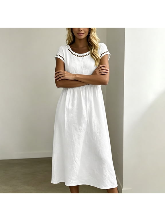 Women's Elegant Solid Color Crew Neck Short Sleeve Midi Dress – Hollow Out Detail Bohemian Beach A-Line Summer Dress White,XXL
