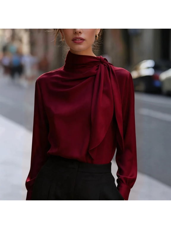 Women's Elegant Solid Color High Neck Side Bow Tie Satin Long Sleeve Blouse – Office & Daily Wear Wine Red,L
