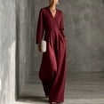 thumbnail image 1 of Morttic Women's Elegant Solid Color Long Sleeve V-Neck Wide Leg Jumpsuit with Pockets Casual Beach Vacation & Everyday Wear Wine Red，M, 1 of 2