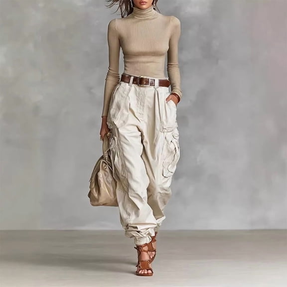 Morttic Women's Elegant Solid Color Multi-Pocket Cargo Pants – Loose Wide-Leg High Waisted Casual Trousers (No Belt) Apricot,M