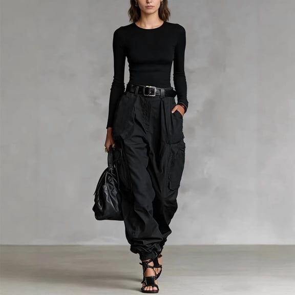 Morttic Women's Elegant Solid Color Multi-Pocket Cargo Pants – Loose Wide-Leg High Waisted Casual Trousers (No Belt) Black,M