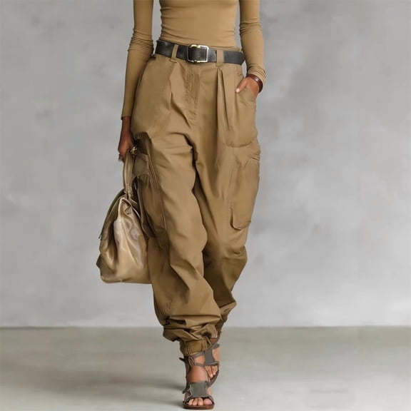 Morttic Women's Elegant Solid Color Multi-Pocket Cargo Pants – Loose Wide-Leg High Waisted Casual Trousers (No Belt) Khaki，L