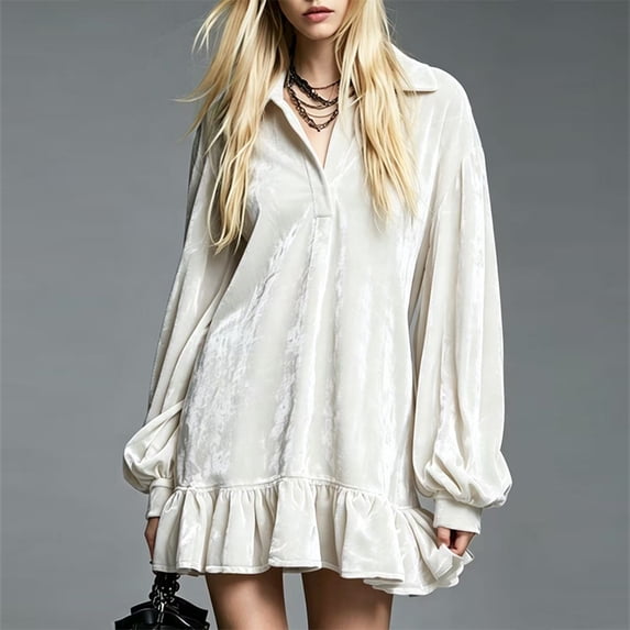 Morttic Women's Elegant Solid Color Short Dress – Collared Long Puff Sleeve Loose Ruffle Hem Spring Fall Going Out Dress White,S