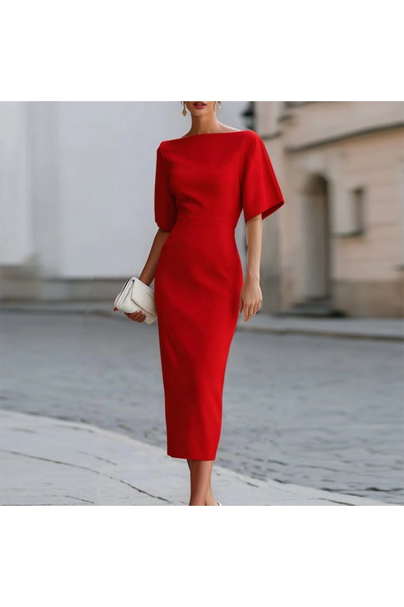 Women's Elegant Solid Color Short Sleeve Midi Dress – Slim Fit Intellectual Style Office Wear Red,S