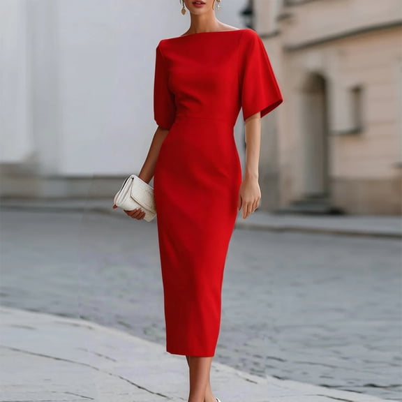 Morttic Women's Elegant Solid Color Short Sleeve Midi Dress – Slim Fit Intellectual Style Office Wear Red，XL
