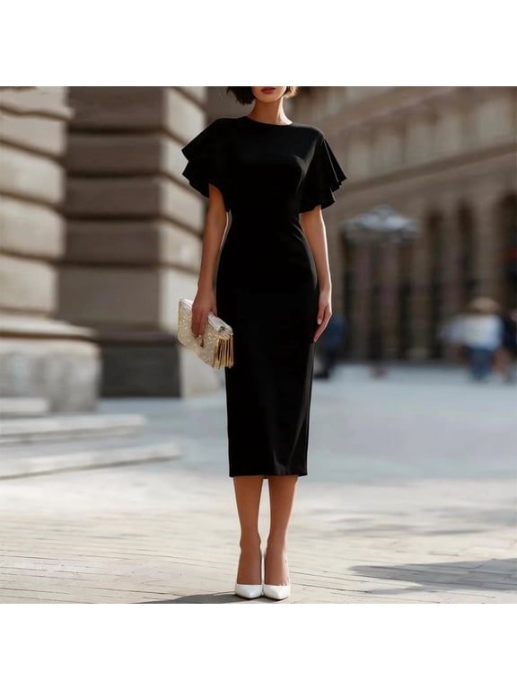 Women's Elegant Solid Color Slim Fit Puff Sleeve Hip Wrap Dress – Perfect for Parties & Dates Bodycon Midi Dress Black,S
