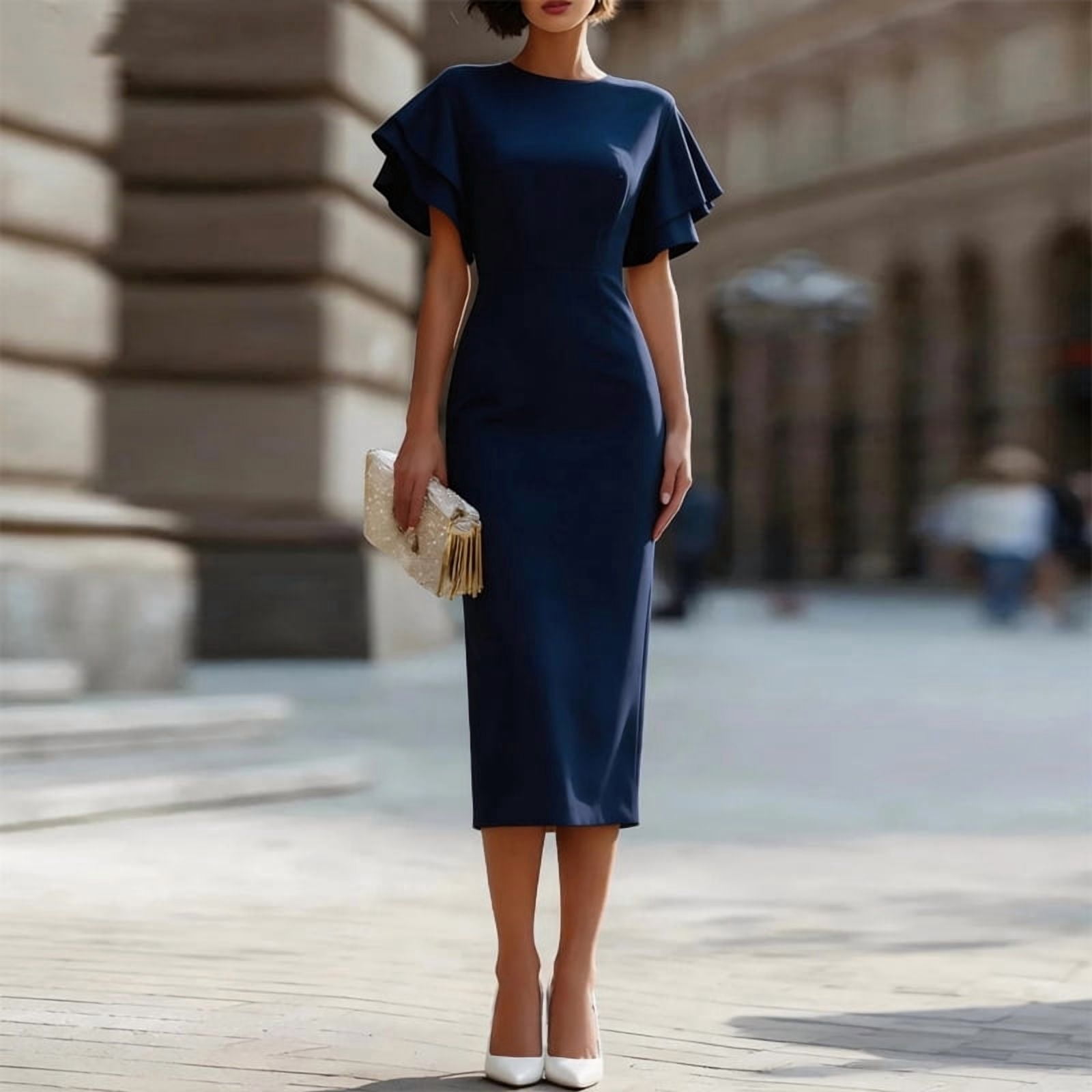 bodycon midi dress with puff sleeves Morttic Women's Elegant Solid Color Slim Fit Sleeve Hip Wrap – Perfect for Parties & Dates Dress Navy Blue，S Size:54S