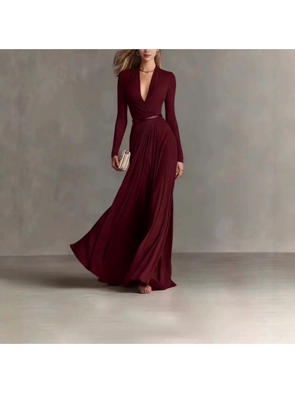 Women's Elegant Solid Wrap Deep V-Neck Long Sleeve Ruched Waist Thin Belt Flowy Maxi Evening Gown & Party Dress Wine Red，M