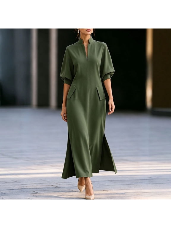 Women's Elegant Stand Collar 3/4 Sleeve Maxi Dress with Side Split and Pockets Formal Evening Gown Army Green,XL