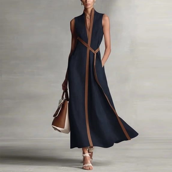 Morttic Women's Elegant Stand Collar Sleeveless Colorblock A-Line Maxi Dress – Long Dress with Contrast Stripe & Pockets Dark Blue,XXL