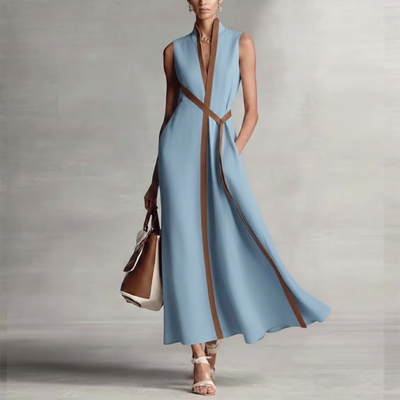 Morttic Women's Elegant Stand Collar Sleeveless Colorblock A-Line Maxi Dress – Long Dress with Contrast Stripe & Pockets Light Blue,M