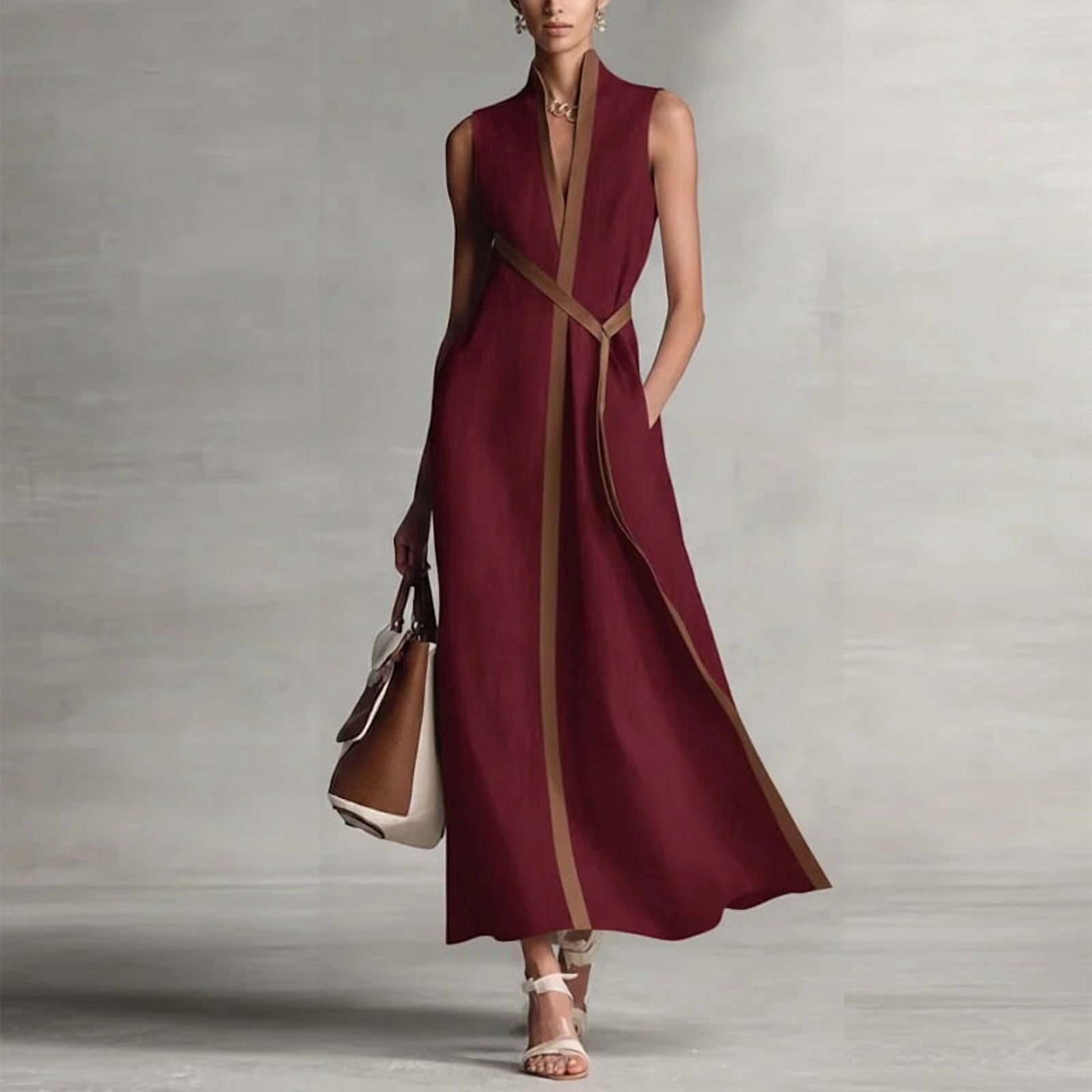 Morttic Women's Elegant Stand Collar Sleeveless Colorblock A-Line