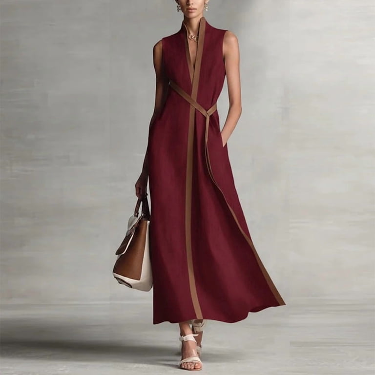 colorblock a line dress Morttic Women's Elegant Stand Collar Sleeveless A-Line Maxi Long Dress with Contrast Stripe & Pockets Wine RedM, Size: Medium, Blue SIZE:Womens Color:Purple Orchid there may be slight Kaiia Exclusive open tie
