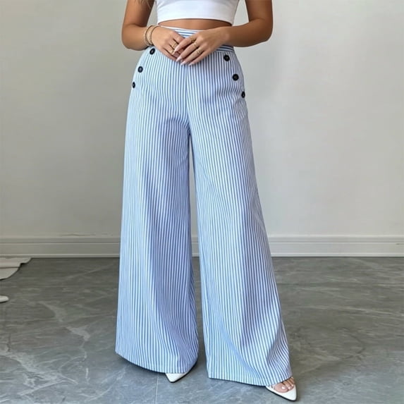 Morttic Women's Elegant Striped Wide Leg Pants – Double Button High Waist Casual Trousers with Pockets for Spring/Summer Blue,S