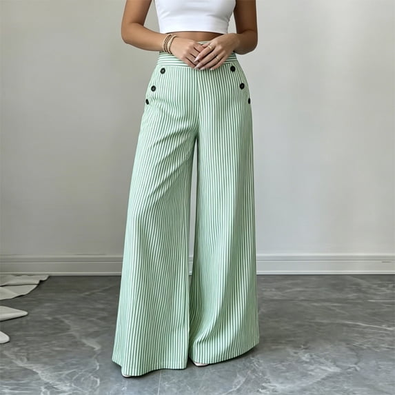 Morttic Women's Elegant Striped Wide Leg Pants – Double Button High Waist Casual Trousers with Pockets for Spring/Summer Green,L