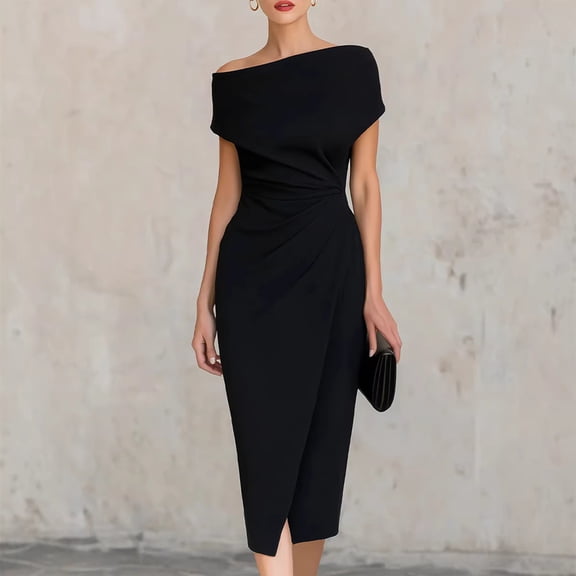 Morttic Women's Elegant Summer Solid Color Slant Shoulder Midi Dress – Small Hem Slit and Side Knot Ruched Waist Black,M