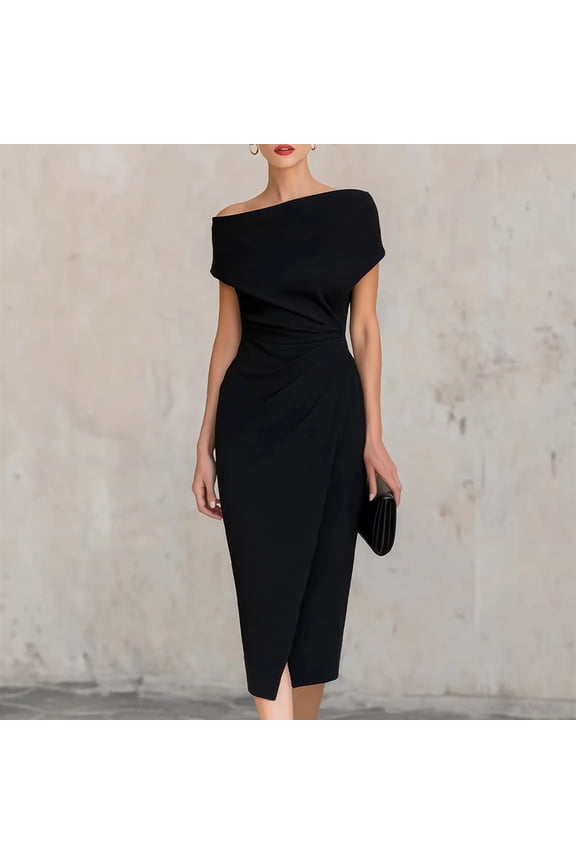 Women's Elegant Summer Solid Color Slant Shoulder Midi Dress – Small Hem Slit and Side Knot Ruched Waist Black,M