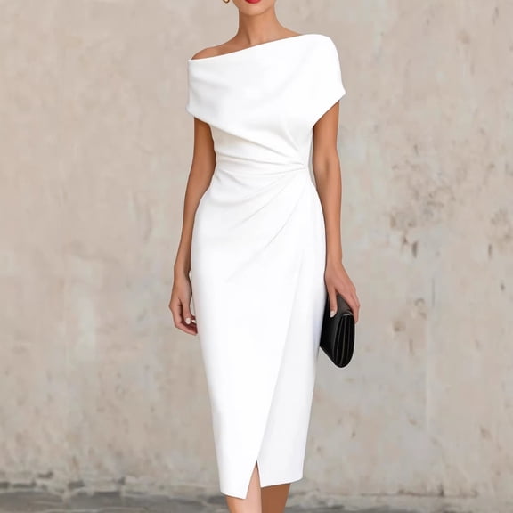 Morttic Women's Elegant Summer Solid Color Slant Shoulder Midi Dress – Small Hem Slit and Side Knot Ruched Waist White,XL