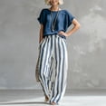 thumbnail image 1 of Morttic Women's Elegant Summer Two-Piece Set: Crew Neck Solid Batwing Sleeve Top & High-Waist Striped Floor-Length Wide-Leg Pants Light Blue，XL, 1 of 2