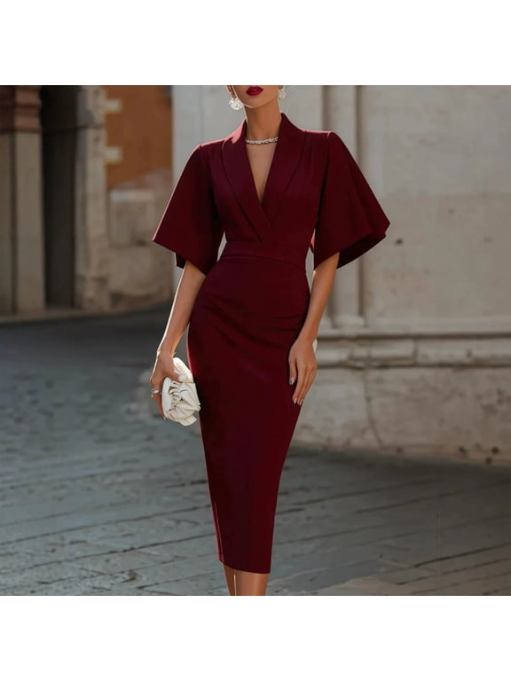 Women's Elegant V-Neck Midi Bodycon Dress – Flare Short Sleeve Wrap Waist Slim Formal Party & Work Pencil Dress Wine Red,M
