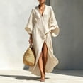 thumbnail image 1 of Morttic Women's Elegant V-Neck Stand Collar 3/4 Sleeve Maxi Dress – Side High Slit with Pockets Loose Solid Color Long Dress Apricot，S, 1 of 2
