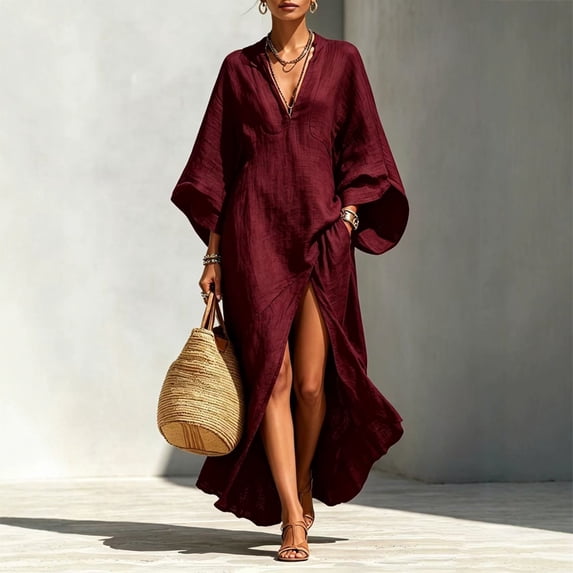 Morttic Women's Elegant V-Neck Stand Collar 3/4 Sleeve Maxi Dress – Side High Slit with Pockets Loose Solid Color Long Dress Dark Red,XL