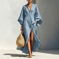 thumbnail image 1 of Morttic Women's Elegant V-Neck Stand Collar 3/4 Sleeve Maxi Dress – Side High Slit with Pockets Loose Solid Color Long Dress Sky Blue，XXL, 1 of 2