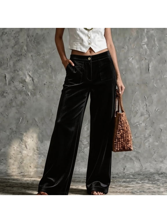Women's Elegant Velvet High-Waist Front Button Wide-Leg Pants Side Pockets Casual Daily Outerwear Black,M