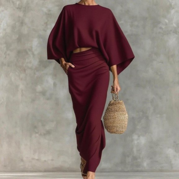 Morttic Women‘s Elegant Vintage Skirt Two-Piece Outfit – Round Neck Long Sleeve Top & High Waist Skirt for Fall Winter Wine Red,M