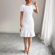 Morttic Womens Embroidered Puff Sleeve Midi Fishtail Dress   Round Neck Ruffle Hem Elegant Birthday & Wedding Guest Gown White M