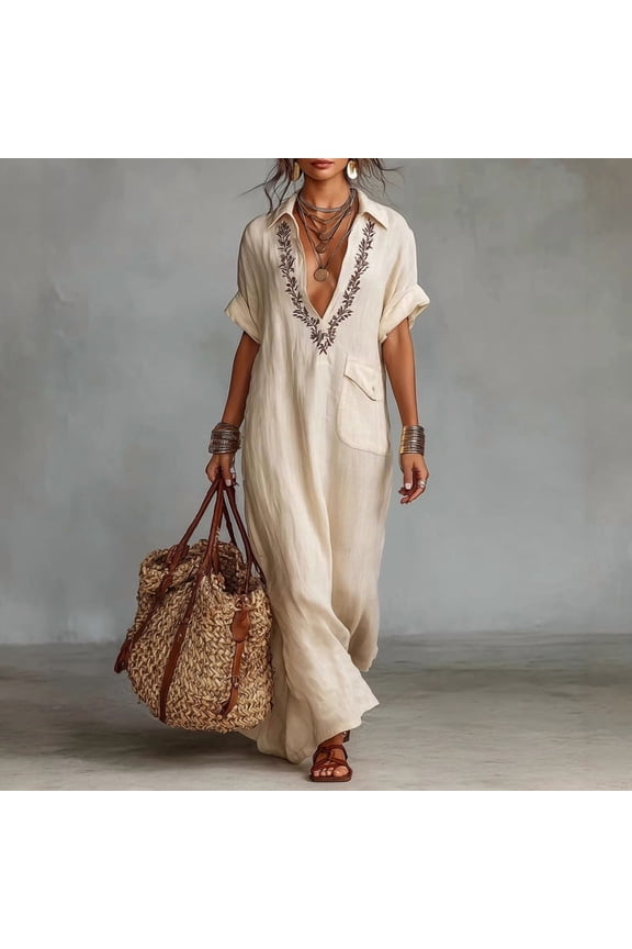 Women's Embroidered V-Neck Short Sleeve Maxi Dress – Solid Color with Pocket, Boho Summer Vacation Outfit Apricot,S