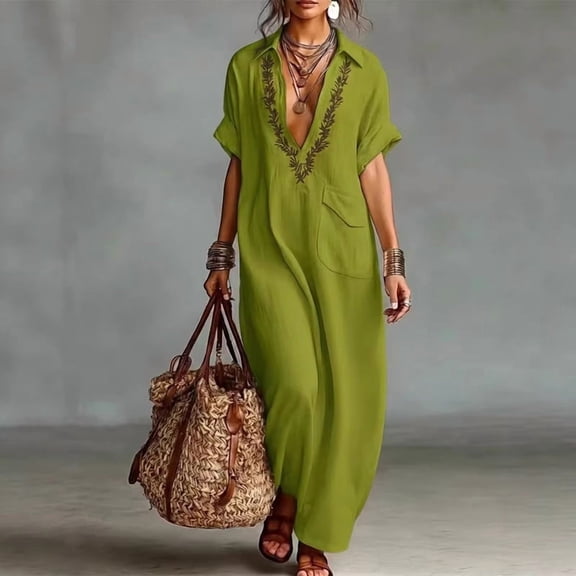 Morttic Women's Embroidered V-Neck Short Sleeve Maxi Dress – Solid Color with Pocket, Boho Summer Vacation Outfit Olive Green,XXXL