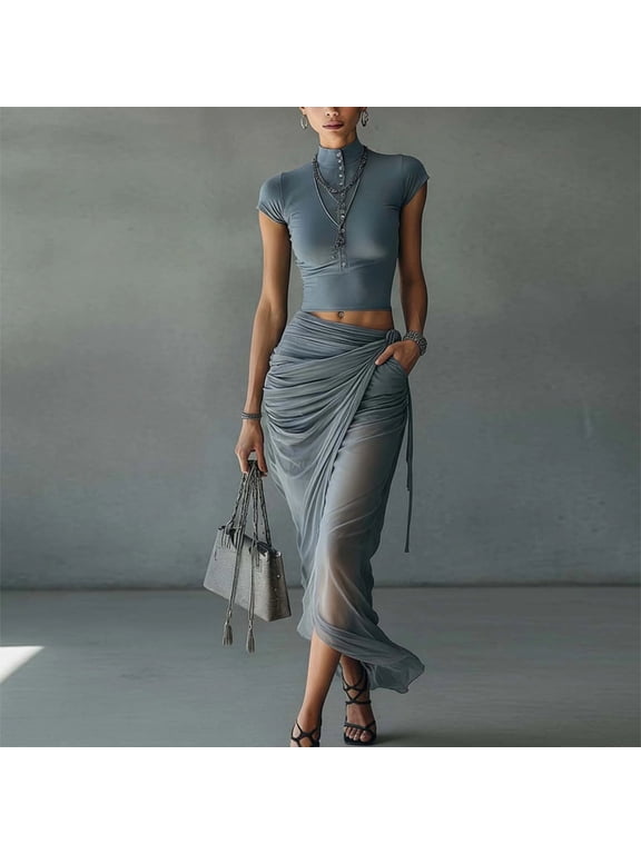 Women's Fashion 2-Piece Set – High Neck Button Down Cropp Top & Hip Wrap Ruched Sheer Maxi Skirt for Date Night Peacock Blue,XS