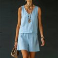 thumbnail image 1 of Morttic Women's Fashion Solid 2Pcs Set – Sleeveless V-Neck Tank Top & High Waist Shorts with Side Pockets Vacation Beach Wear Sky Blue，L, 1 of 2