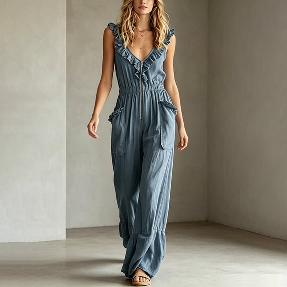 Morttic Women's Fashion Solid Color Ruffle Strap Wide Leg Jumpsuit – V-Neck Front Zipper Side Pockets Summer Beach One Piece Sea Blue,L