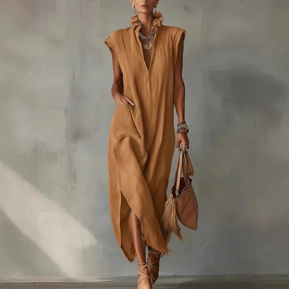 Morttic Women's Fashion Stand-Up Collar Short Sleeve Maxi Dress – Solid Color Side Split & Pocket Sexy Casual Summer Outfit Orange,L