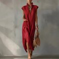 thumbnail image 1 of Morttic Women's Fashion Stand-Up Collar Short Sleeve Maxi Dress – Solid Color Side Split & Pocket Sexy Casual Summer Outfit Red，S, 1 of 3