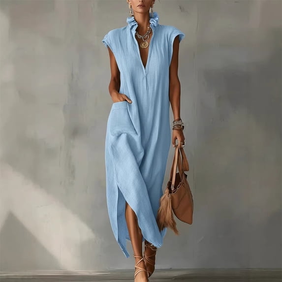 Morttic Women's Fashion Stand-Up Collar Short Sleeve Maxi Dress – Solid Color Side Split & Pocket Sexy Casual Summer Outfit Sky Blue,XXL