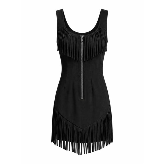 Morttic Women's Fashionable Boho Faux Suede Fringe Mini Dress – Sleeveless Front Zip Slim Bodycon Party Dress Black,XXL
