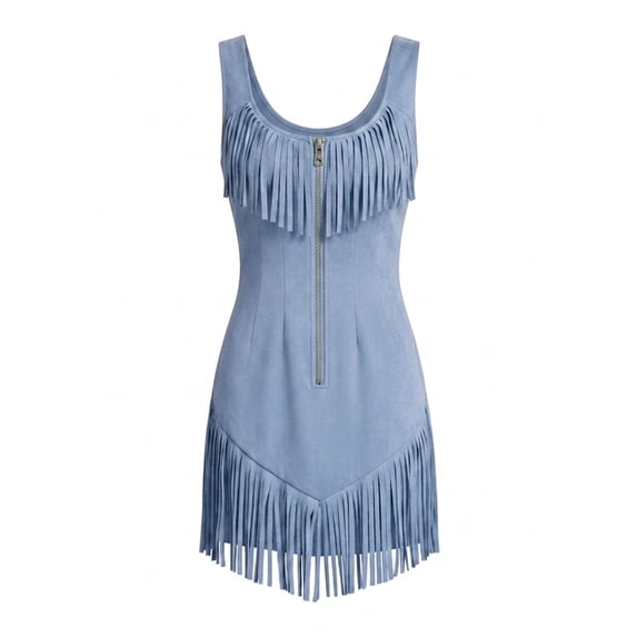 Morttic Women's Fashionable Boho Faux Suede Fringe Mini Dress – Sleeveless Front Zip Slim Bodycon Party Dress Blue,S