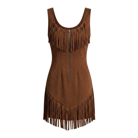 Morttic Women's Fashionable Boho Faux Suede Fringe Mini Dress – Sleeveless Front Zip Slim Bodycon Party Dress Brown,L